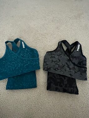 Gymshark Leopard-Pattern Sports Bras - Teal Blue & Charcoal Black